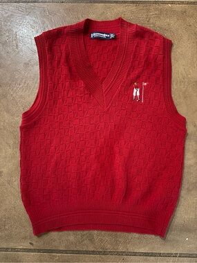 Men’s Large knit V-neck golf sweater vest Scottish Isle by Bernette red preppy